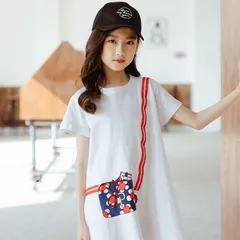 送料無料 ホワイト プリント Tシャツ ワンピース 半袖 韓国子供服 女の子 キッズ ガールズ ふんわり かわいい カジュアル 120cm 130cm 140cm 150cm 160cm