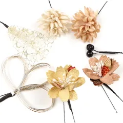 髪飾り 成人式 水引 振袖 袴 花 7点セット ベージュ 茶 赤茶 黄色 ゴールド ちりめん 花 レース ビーズ 和柄 Ｕピン Iピン ニュ No.12-0380