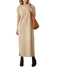 [Four leaf] 【お洒落×小顔効果】 パーカーワンピース ワンピース レディース 秋 秋冬 冬 長袖 マキシ丈 ロング丈 無地 ポケット付き スウェット フード パーカー ロング 体型カバー ゆったり シンプル カジュアル (JP [ベージュ] [L]