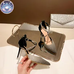 【新品】ハイヒール ストラップ付き 10cm/8cm パンプス レディース - グラデーション×クリスタルチェーン - エレガント ポインテッドトゥ フォーマル パーティー 美脚 ハイヒール