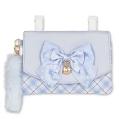 【リボン×しっぽ 水色 ZC25526】 移動ポケット 女の子 ポケットポーチ マルチポケット 付けポケット クリップ キッズ 子供 こども 小学生 小学校 幼稚園 おしゃれ かわいい 可愛い リボン ネコ ヒョウ柄 しっぽ