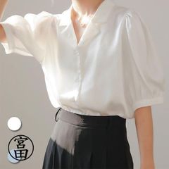 【夏の定番】レトロ風バルーンスリーブブラウス｜レディース半袖ゆったりシャツ｜通勤におすすめ無地トップス｜まとめ買い割引対象