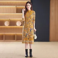 【イエロー、ボタニカル★Ｌサイズ】長袖 ニット ひざ丈ワンピース秋冬 Ａライン　体型カバー  ゆったり　大きめ