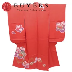 【中古】 子供着物 祝い着 合成繊維 レッド 7歳用 七五三 重ね襟つき 和装 呉服 和服 きもの