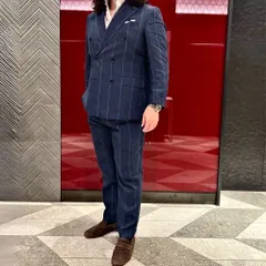 50サイズ BRERAS ( ブレラス ) ダブル スーツ ネイビー リネン ストライプ ピークドラペル フラップポケット サイドベンツ ワンタック アンフィニッシュ イタリア製