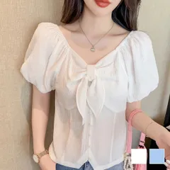 リボンオフショルダーブラウス レディース トップス 半袖 無地 春服 夏 10代 20代 30代 韓国ファッション セクシー パフスリーブ