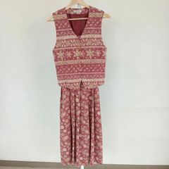 【美品】リヨン　セットアップ　ワンピース　ロングワンピース　キャミワンピース　ベスト　ノースリーブ　日本製　リボン結び　柄　模様　デザイン　アート　春　夏　大人　上品　素敵　レディース　レディースカジュアル　ピンク　Mサイズ　2way 　LYON