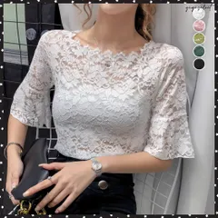 総レース フレアスリーブブラウス 肌見せエレガント 透け感 レーストップス レディース 大人可愛い 重ね着インナー ベルスリーブ 韓国 シアーブラウス きれいめ五分袖ブラウス春夏 シースルーインナー 花柄レーストップス