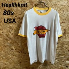 HealthKnit　80s　USA製　ビンテージリンガーTシャツ　白黄色　L　アメカジ　古着　ヘルスニット　シングルステッチ