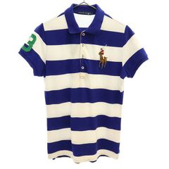 ラルフローレン ビッグポニー ボーダー 半袖 ポロシャツ L ホワイト×ブルー RALPH LAUREN 鹿の子 レディース 【中古】  【230617】