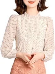 J-Scott ドット柄フェミニンブラウス パールボタン フリルネック 長袖 裏地あり シフォン素材 ワーク 小さいサイズ 衣装 リモート 仕事着 服 3XL M 春用 通勤 ふんわり 旅行 合唱 裏地有り(ホワイトベージュ,  2XL)