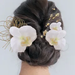 胡蝶蘭和装髪飾り 胡蝶蘭とミニ胡蝶蘭  水引、金箔の髪飾り 結婚式 卒業式 成人式 七五三