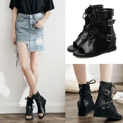 オープントゥサンダル 美脚 ウエッジソール 夏 サマーブーツ レディース ブーツサンダル ベルト レースアップ編み上げ インヒール