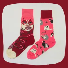 ねこ＆キャット クルーソックス #019　左右非対称