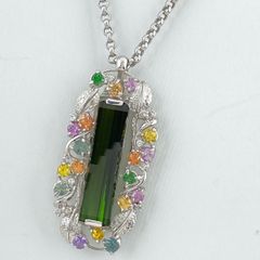 トルマリン デザインネックレス K18 ホワイトゴールド ペンダント サファイア メレダイヤ エメラルド ネックレス WG K18ゴールド トルマリン レディース 【中古】