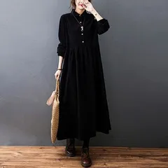 ロングワンピース コーデュロイ レディース ワンピース コーデュロイワンピ 長袖 ロング丈 大きいサイズ 体型カバー ぽわん袖 あったか 暖かい ミモレ ゆったり カジュアル 大人 着痩せ  春 秋 冬 きれいめ 無地 送料無料