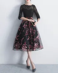 パーティードレス パーティドレス 結婚式 ワンピース 袖あり レース aライン ミディアム丈 フォーマルドレス ブラック お呼ばれ 二次会 発表会  0668