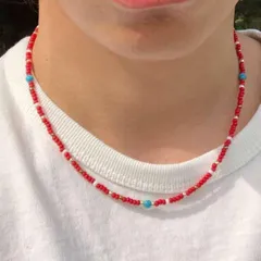 赤 40cm ショート ビーズネックレス メンズ レディース ネックレス