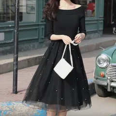 ワンピース フレアワンピース ワンピドレス 膝丈 ひざ丈 袖あり 7分袖 七分袖 襟なし フレア スリム 細身 Aライン チュール フリル 切り替えデザイン 透け感 シースルー 異素材MIX かわいい 大人可愛い きれいめ シンプル カジュアル 大人 上品 お