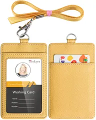 【特価商品】社員証 縦型 ネックストラップ カードケース 吊り下げ 名札ホルダー カード入れ パスケース 本革 定期入れ ネームホルダー 名刺入れ 名札ケース IDカードホルダー 通勤通学（縦型 Teskyer イエロー)