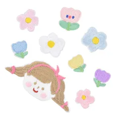 【迅速発送】ワッペン刺繍シール アイロン不要 MUNCVY アップリケ DIY服 フラワー 花 女の子とチューリップ モチーフ カワイイ 装飾 男の子 女の子 保育園 幼稚園 パッチ 補修 9枚セット 衣類 浴衣 手袋 手帳 飾り