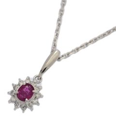 RU0.33ct/FD:0.15ct/取り巻きセッティング・7月誕生石 1P・ルビー・ダイヤモンド ネックレス/Pt900-Pt850-4.9g/プラチナ【♀】【S】【レディース】★■582730【中古】