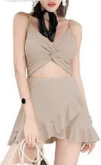 ISLAYCAOLILA モノキニ 水着 ワンピース フレア スカート スイムドレス キャミソール ストラップ 絞り パッド入り ワイヤーなし レディース( アイボリー,  L)