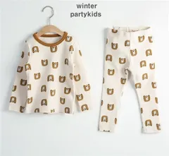 韓国子供服 Party kids ベアプリントカットソーセットアップ パジャマ ルームウェア 上下セット 長袖 レギンス アイボリー