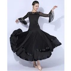 ★社交ダンス トップス スカート 2点セット 黒 ブラック M 女性 レディース ダンス衣装 長袖 上品 フリル モダン ラテン ワルツ チャチャチャ 練習着  競技着 ステージ イベント 発表会 dm111x2