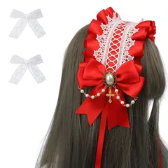 リボン チャーム ロリータ ヘッドドレス ロリータ ロリータ 髪飾り カチューシャ レース 蝶結び 萌え キュート サムコス かわいい コスプレ lolita メイドカフェ (レッド)