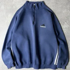 雰囲気系 90s USA製 adidas ロゴ 刺繍 3ストライプ ハーフジップ プルオーバー スウェット トレーナー L / 90年代 オールド アメリカ製 アディダス ナス紺