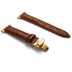 Apple Watch バンド 交換用 レザー  ベルト Dバックル バタフライバックル ビジネス ブラウンゴールド シリーズ 3 4 5 6 7 8 9 SE 38 40 41 42 44 45 49 mm　全機種対応 スマートウォッチ