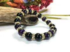 アメジスト&オニキス パワーストーン ブレスレット 天然石 10mm (ゴールド) メンズ・レディース　浄化済み △