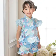 【マリン柄猫ブルー】フリル甚平　90~130(cm)TAK　キャサリンコテージ