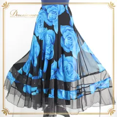 【美品 社交ダンス衣装】 ブルー系 ブラック系 スカート レッスン パーティー 花柄 バラ 薔薇 バイカラー 派手 レース 透け感 大胆 デザイン ラインストーン 伸縮性 ゴムウエスト 社交ダンス  体型カバー 半透明 青 黒