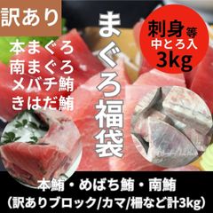 まぐろ福袋　3種約3kg詰合せ（天然鮪/メバチ鮪/本鮪/南鮪等々・赤身/中トロ・カマ・血合肉等々）