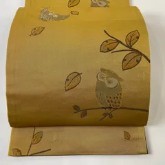 未使用品【正絹】名古屋帯 フクロウ柄 金糸銀糸織り込み 名古屋帯 月にフクロウ 梟 抽象柄 金銀糸 蒸栗色 O-5344 着物