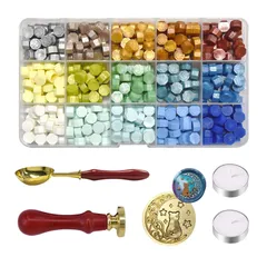 シーリングスタンプ Ahialstue シーリングワックス 15色セット ヘッド 蝋封 ワックス大量 手紙 便箋 印鑑封筒 招待状 祝福 告白 祝い 手紙 装飾 DIY猫 15色ワックスビーズ+スプーン+キャンドル+スタンプなど A-グリーン色