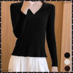 ポロカラー リブニットトップス Vネック ニットウェア レディース 襟付きトップス 着回しニットプルオーバー おしゃれ 普段着ニットセーター カジュアルニットソー ニットインナー大人 着やせ トップス黒 無地ニット 春秋冬