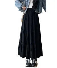 [motayu18] 優雅に揺れる スカート 脚長 ロングスカート マキシスカート 体型カバー ウエストゴム 裏地付き レディース マキシ丈 フレア 大きいサイズ (JP, アルファベット, L, 標準, ブラック) [ブラック] [L] [標準]