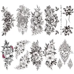 【数量限定】(黒3) 11.5x21CM tattoos temporary flower black レディース ボディーシール 刺青シール 長持ち 防水 リアル 入れ墨シール 10枚セット 黒 花 タトゥーシール Yesallwas