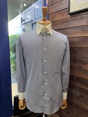 【一点物】ストライプクレリックシャツ　吉田スーツ　メンズシャツ　ワイシャツ　ビジネスシャツ　オフィスカジュアル　テーラード　ロイヤルカリビアンコットン　オールシーズン
