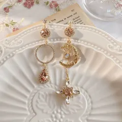 月と雫 アシンメトリー ピアス きらきらビジュー ピンク ゴールド 韓国ファッション