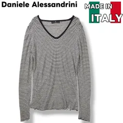 【上質】 イタリア製 ダニエル アレッサンドリーニ Daniele Alessandrini リネン マリンボーダー柄 サマーニット セーター トップス 麻 48 ホワイト x ネイビー メンズ