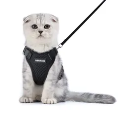 咳込み防止 通気メッシュ 夜反射 紐 胴輪 散歩 ネコ サイズ調節可 足を上げず装着完成 ベスト 軽量 ソフト胸あて はーねす 抜けない りーど（黒 犬猫兼用 小型犬 セット リード XSサイズ） ハーネス 猫 Rabbitgoo