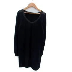 コントワーデコトニエ COMPTOIR DES COTONNIERS ニットワンピース ラウンドネック 長袖 ひざ丈 レザー 切替 ウール S 紺 ネイビー 黒 ブラック /HO42