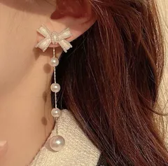 【即日～翌日発送】2way　リボンピアス　ゴールド　上品　パール　揺れる