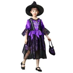 【新着商品】100-150cm コスプレ ワンピース キッズ 人気 女の子 可愛い 半袖 デビル パーティー 子供 イベント 仮装 パープル ハロウィン 演出服 魔法使い 帽子 魔女 タトゥーシール付き [UPENC] 5点セット
