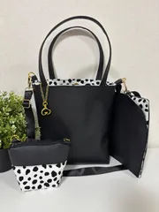 【裁縫ストア・ボヌール】大人かわいい　合成皮革マドンナ　ブラック　トートバック　ダルメシアン柄　ミニポーチ　メガネケース/スマホケース　ショルダーバッグ　ハンドメイド　ショルダーストラップ付き　ゴージャス  / №500-421