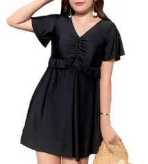 海 水着 水着 フレア 海辺 カバー 二の腕 パット付き ショーツ プール オールインワン 無地 かわいい ビーチ 夏 おしゃれ 肩出し 軽量 女性用 盛れる バスト 体型カバー 大きいサイズ ワンピース レディース [Lalapala]